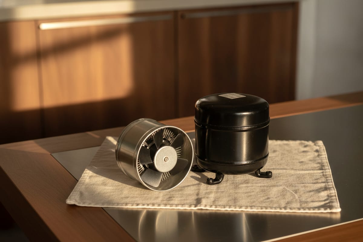 An evaporator fan motor beside a sealed compressor on a technician's cloth