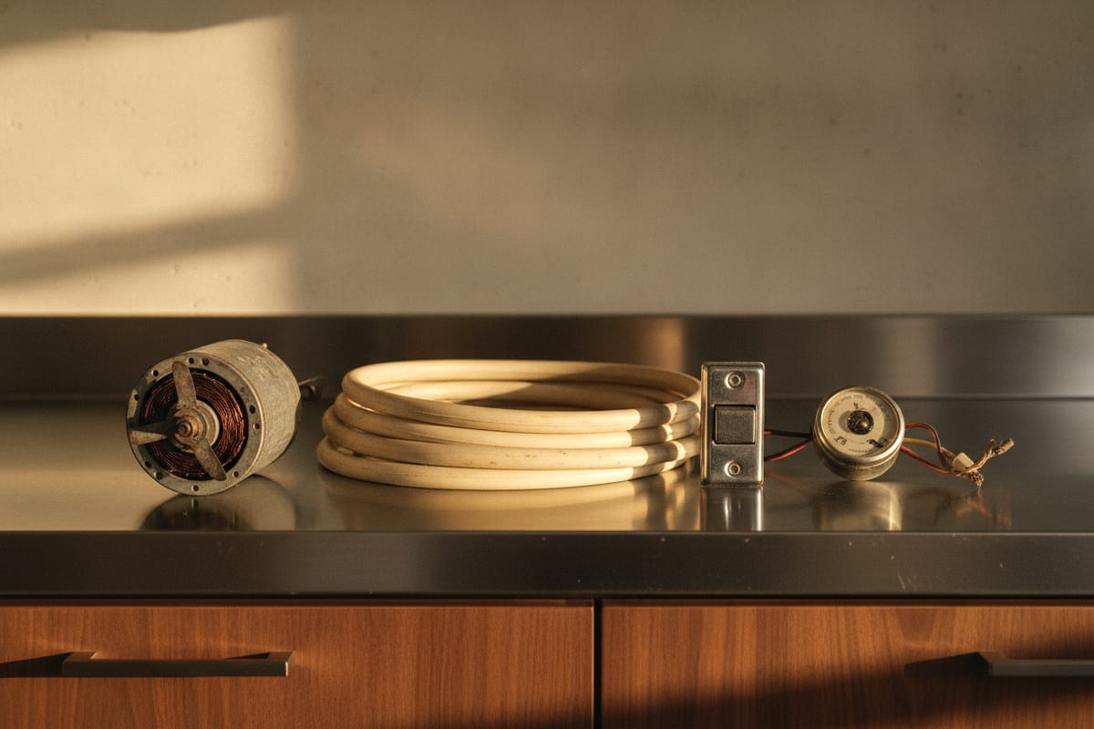 Legacy refrigeration service parts laid out on a workbench