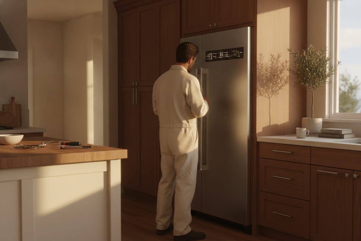 A technician reading the control panel of a built-in refrigerator