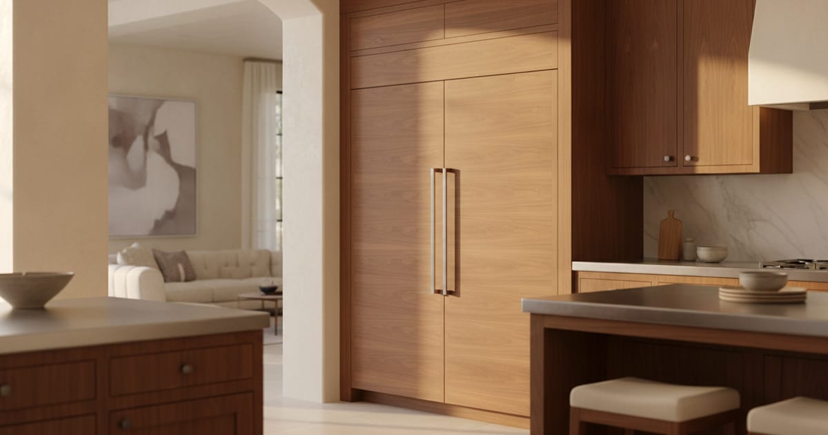 A panel-ready Sub-Zero built-in refrigerator integrated flush into custom cabinetry