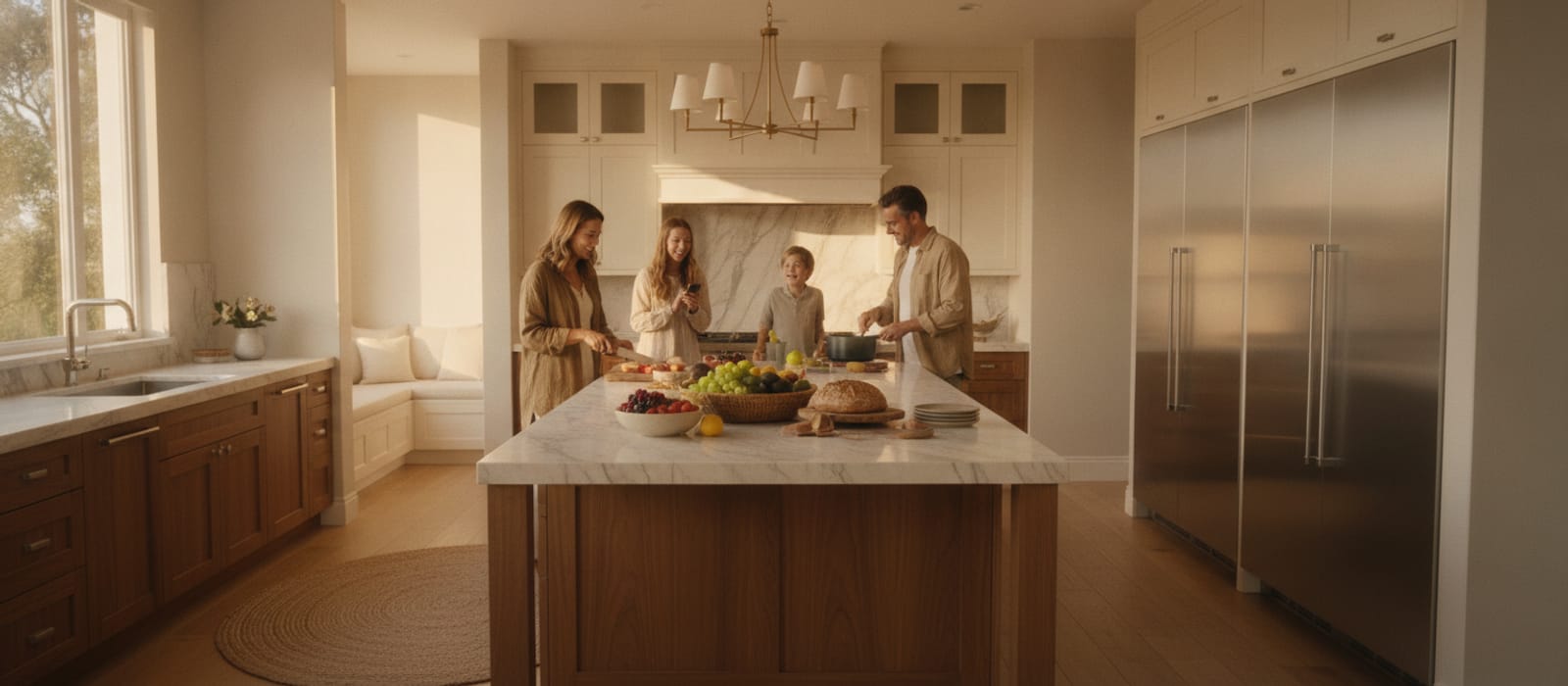 Elegant family kitchen with built-in refrigeration and fresh produce on a marble counter