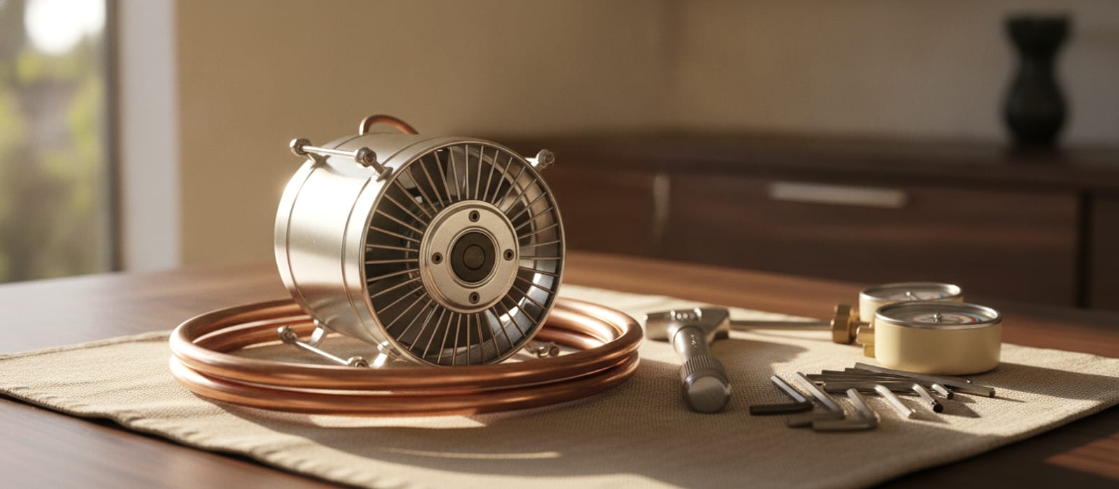Refrigeration compressor fan and copper tubing on a technician's cloth beside precision tools