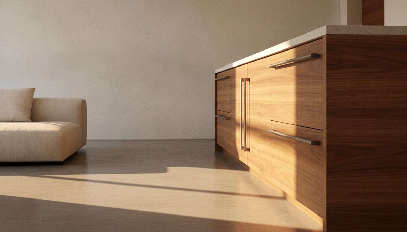 Integrated refrigerator and freezer drawers built into a custom kitchen island