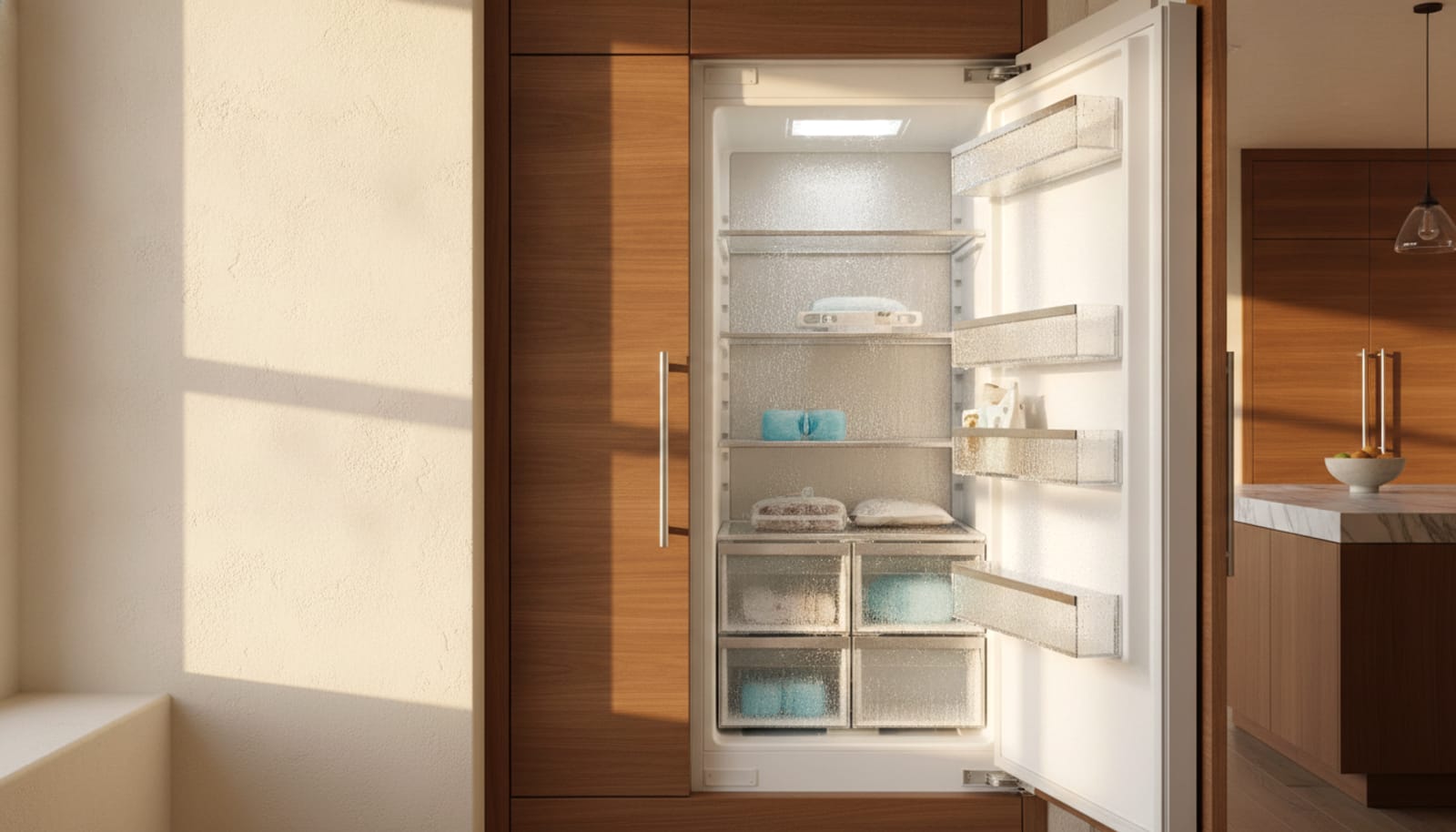 Open built-in freezer compartment with softened frost and beading moisture
