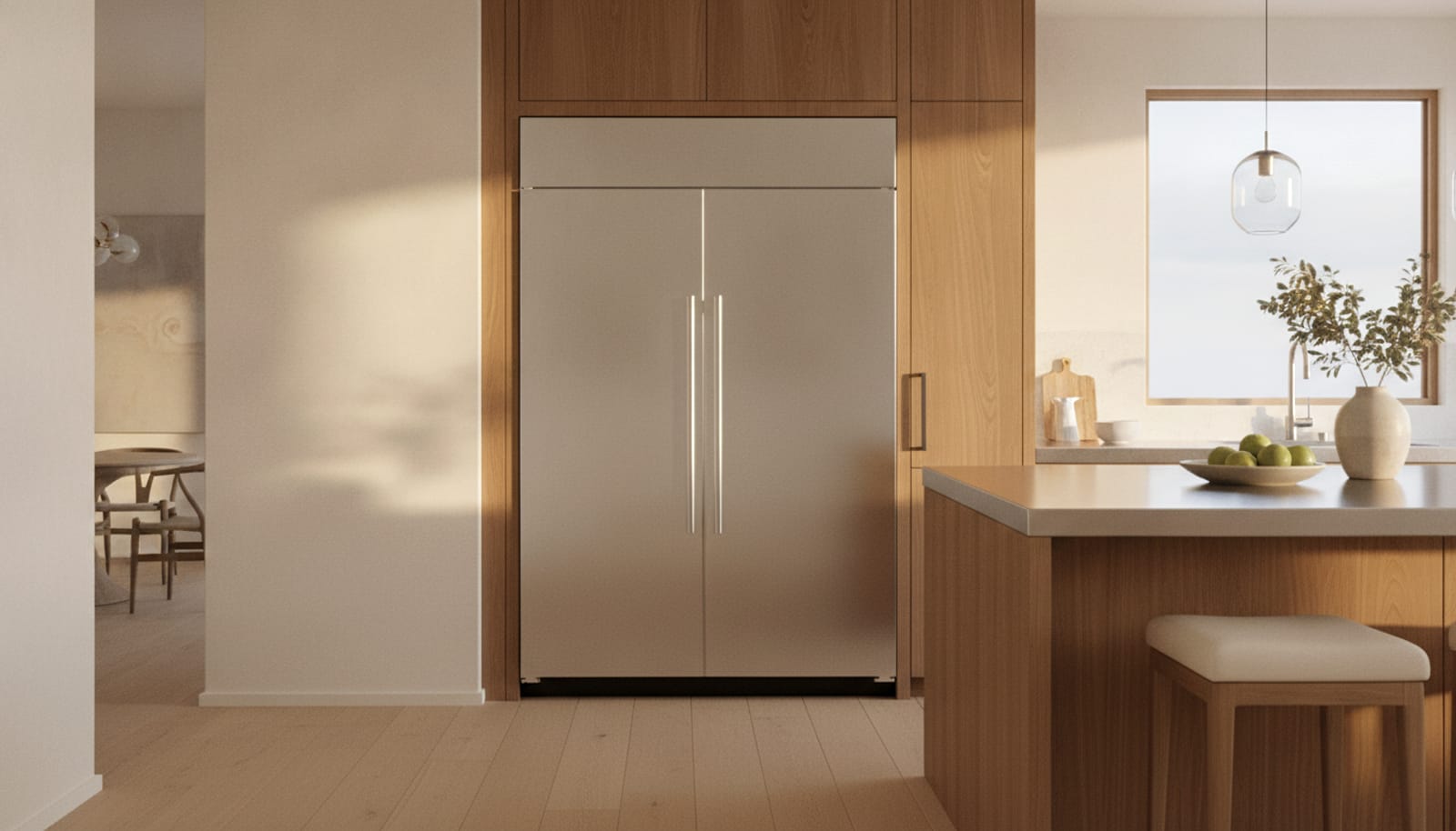 A single built-in stainless refrigerator in a calm upscale kitchen