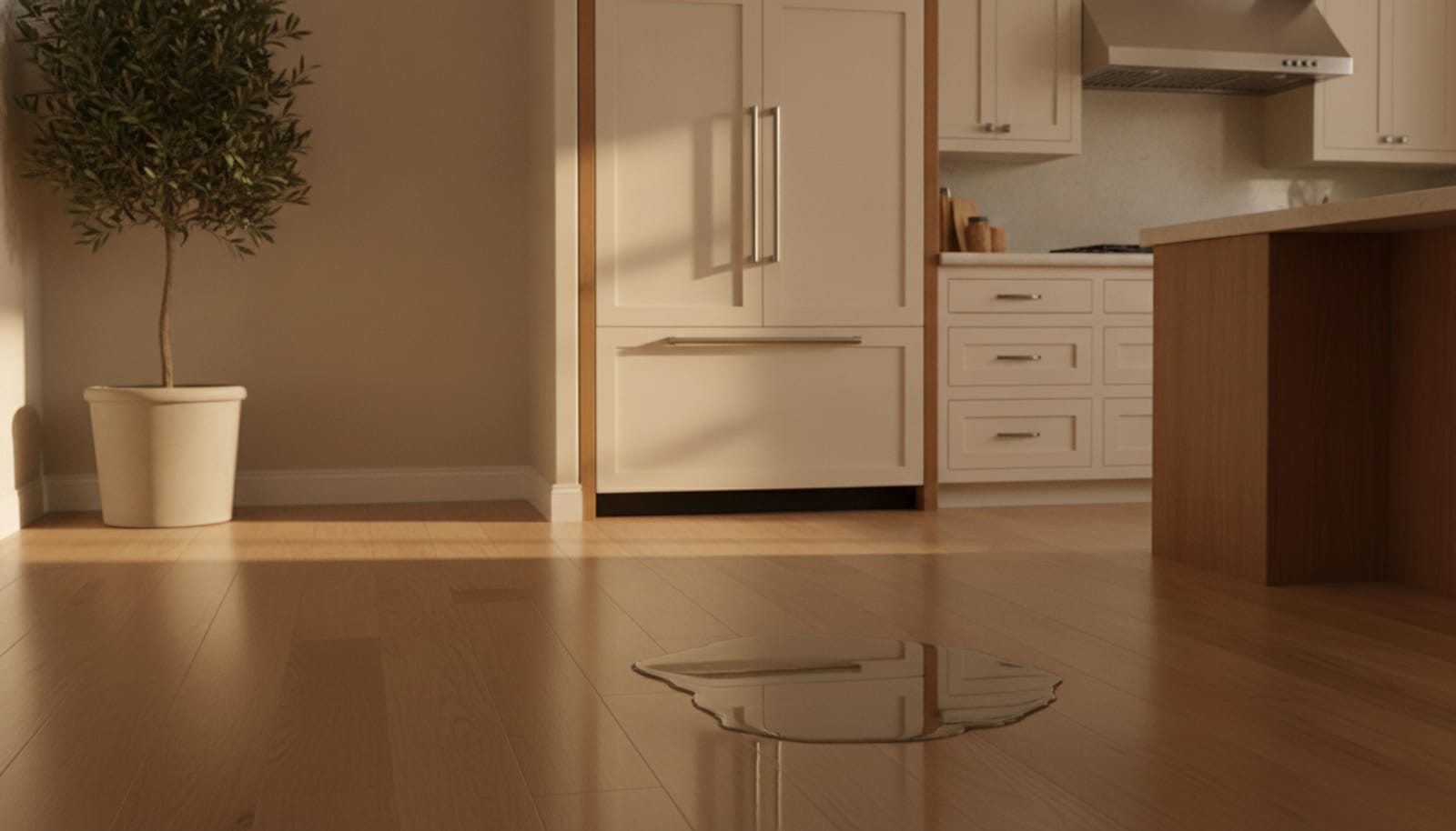 A small pool of water on a hardwood floor in front of a built-in refrigerator
