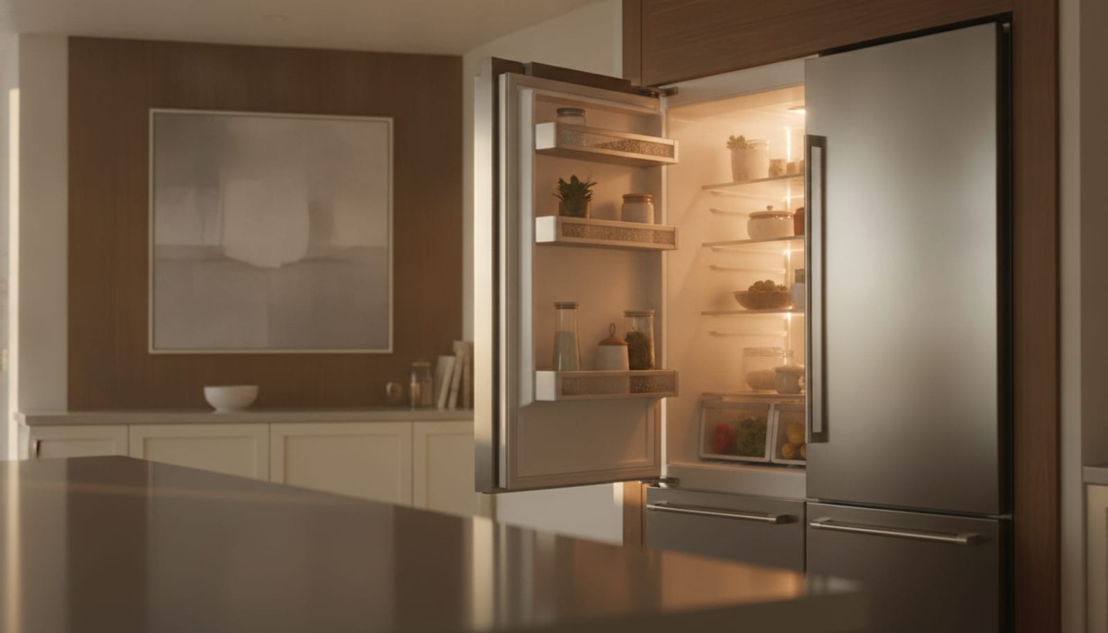 Open built-in refrigerator with a softly-lit warm interior suggesting lost cooling