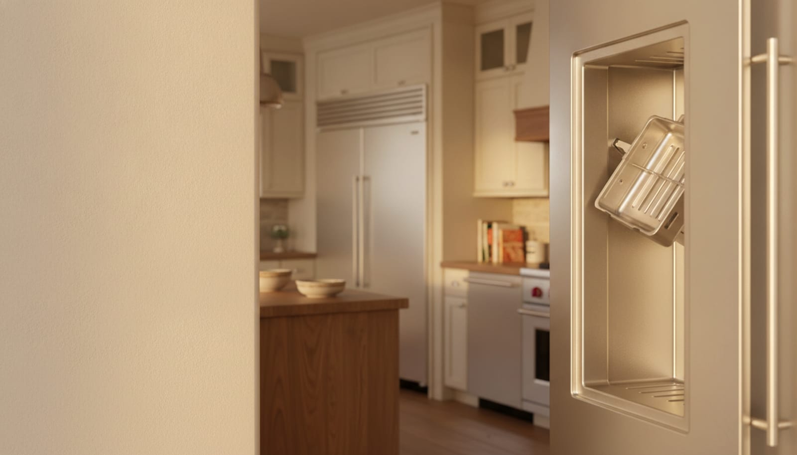 Built-in refrigerator ice-maker module, open and empty