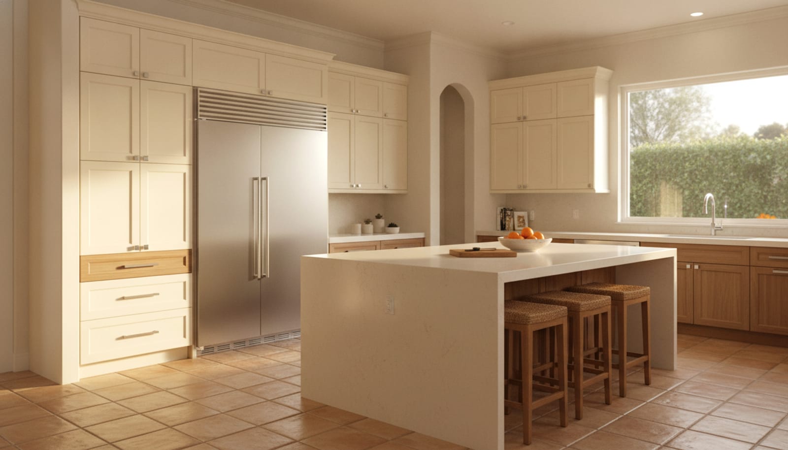 Irvine new-build Spanish-Mediterranean estate kitchen with a built-in refrigerator