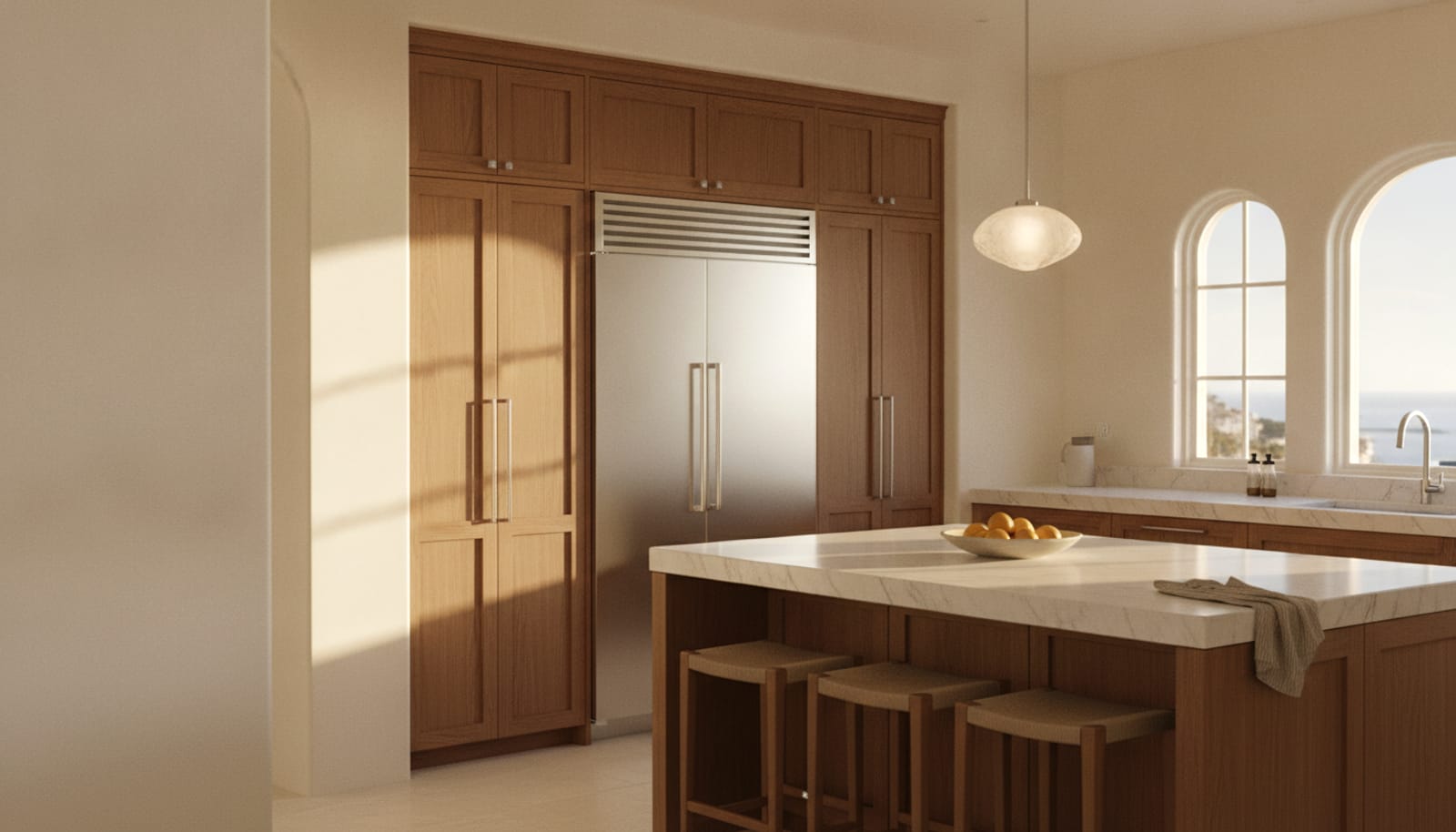 Coastal Orange County contemporary-Mediterranean kitchen with a built-in refrigerator