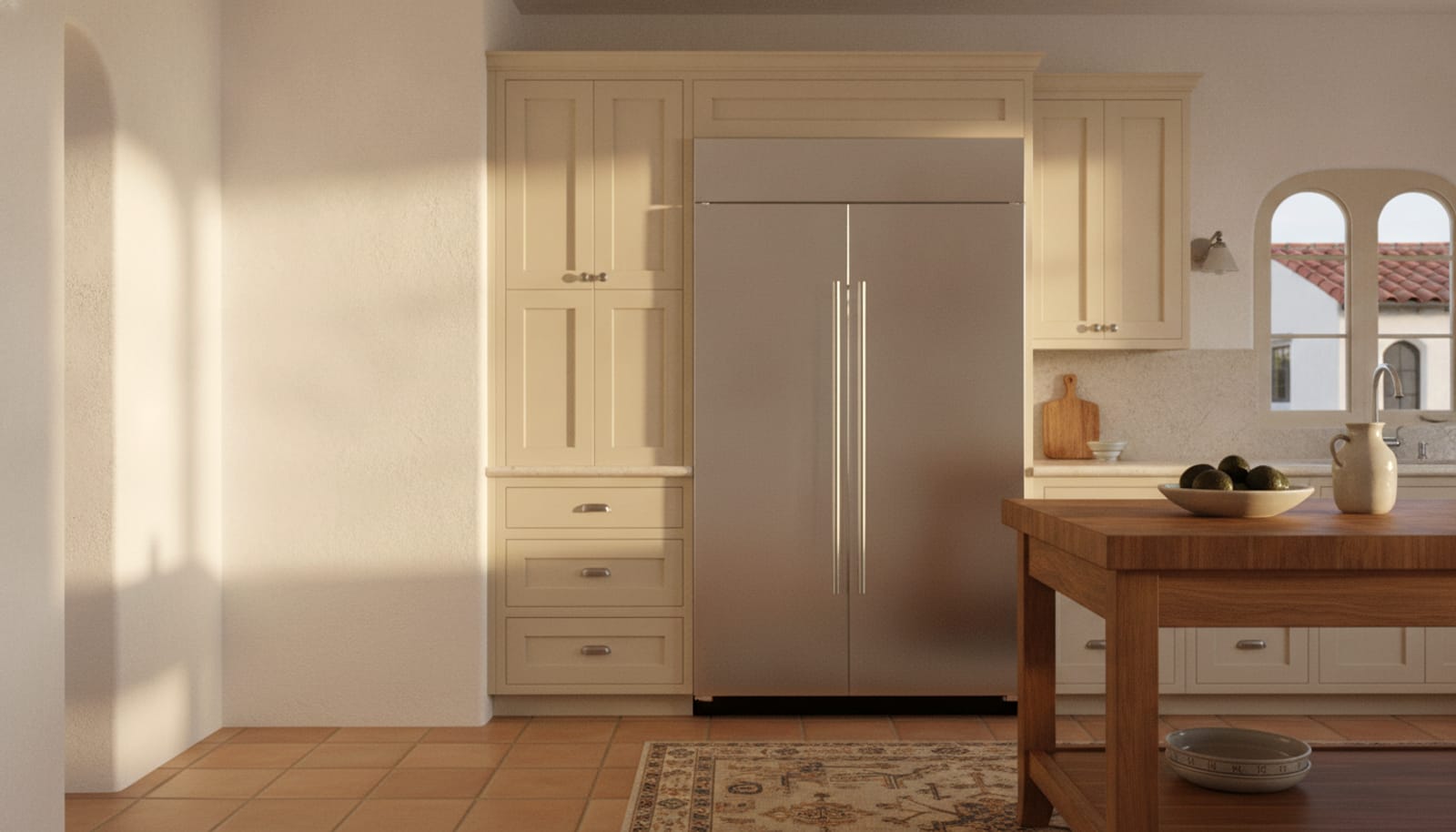 Santa Barbara Spanish Colonial Revival kitchen with a built-in refrigerator