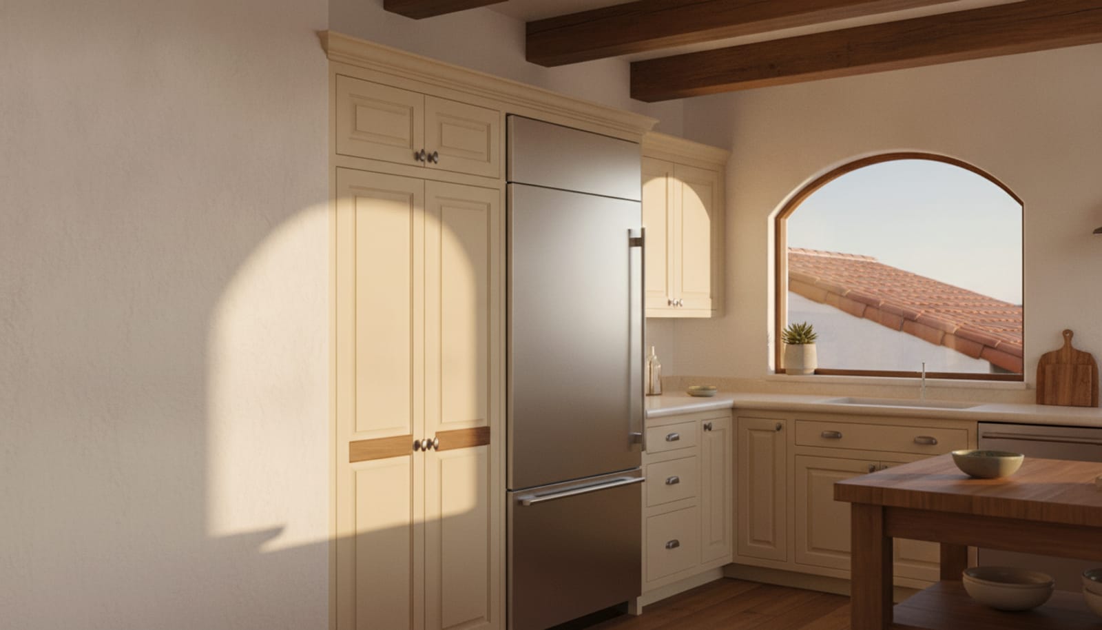 Santa Barbara Spanish Colonial Revival kitchen with a built-in refrigerator, dark wood beams