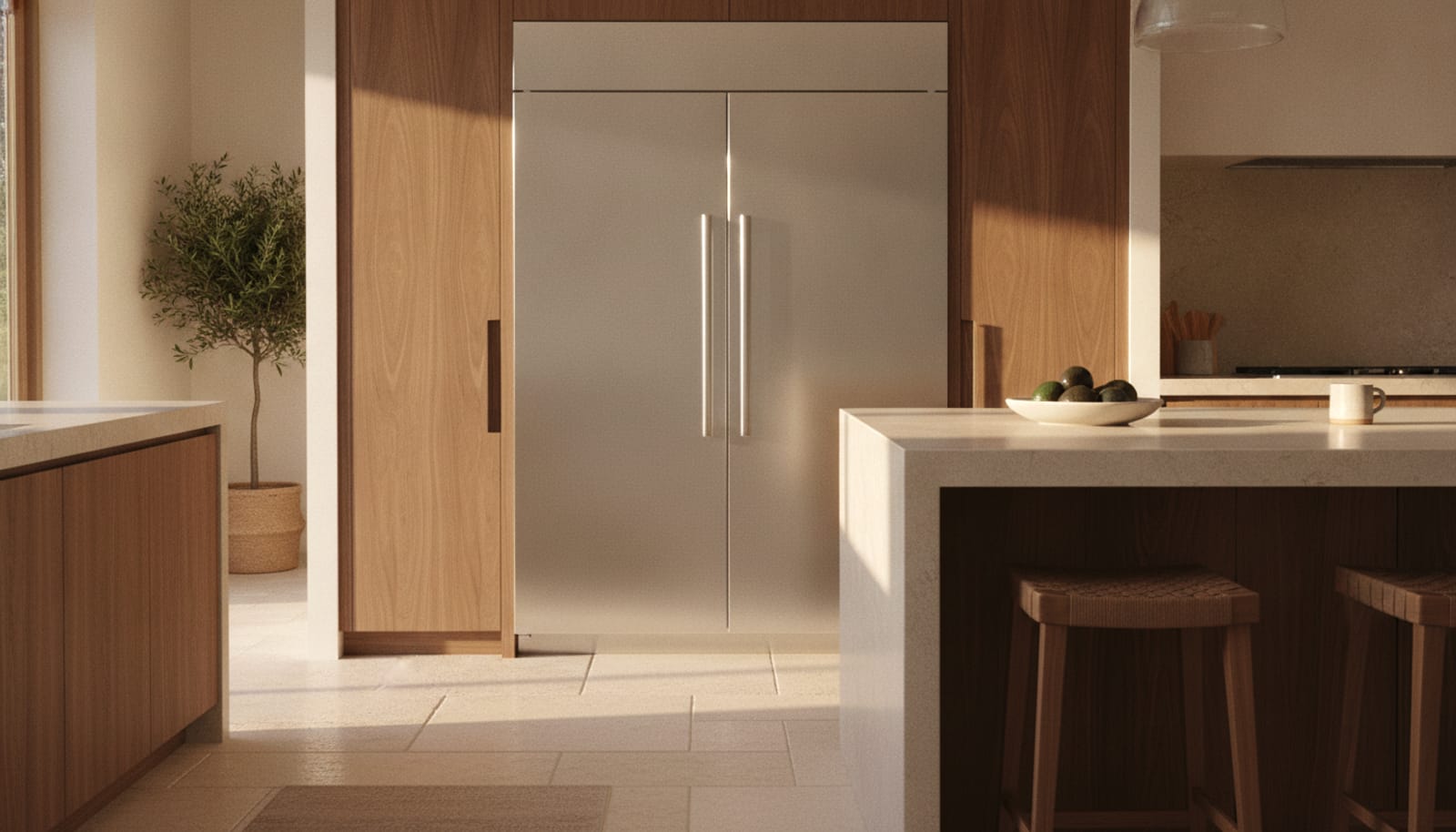 Built-in stainless side-by-side refrigerator flush in walnut cabinetry in a Southern California kitchen